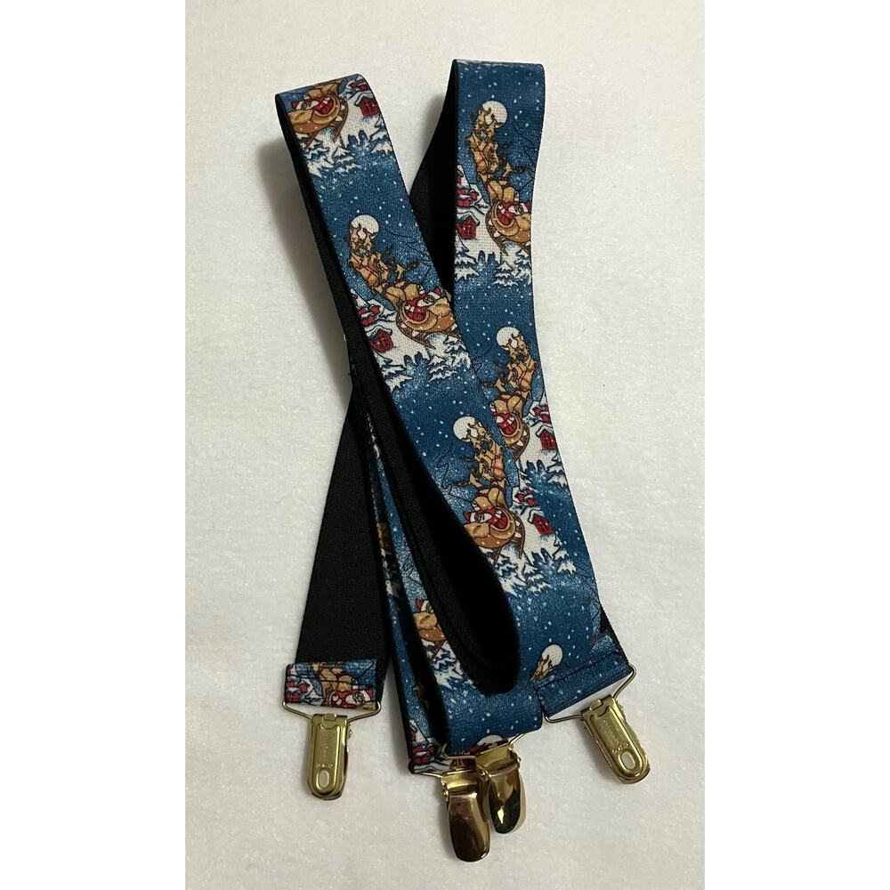 Vtg Mens CAS Germany Holiday Suspenders Night Before Christmas Blue Multicolor